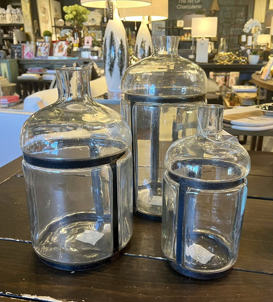 Blown Glass Bottles, Set Of 3, 14", 12" & 10"